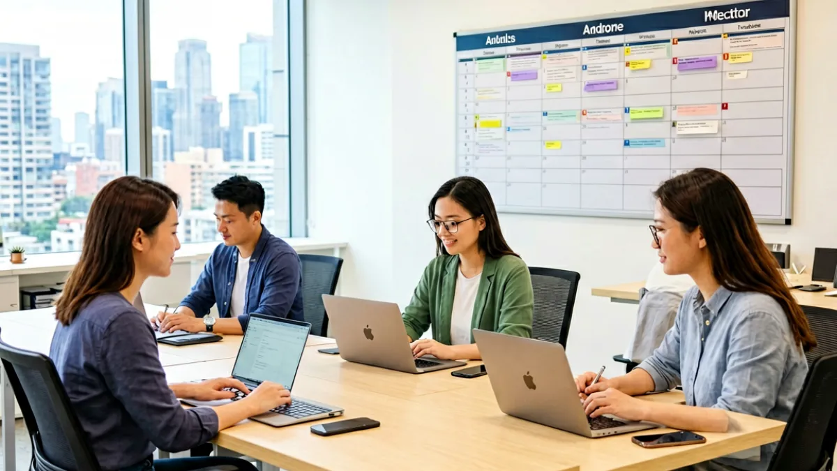 现代化编辑办公室全景，三名编辑在开放式工位上使用MacBook和iPhone进行内容审核工作，墙上挂着项目进度看板