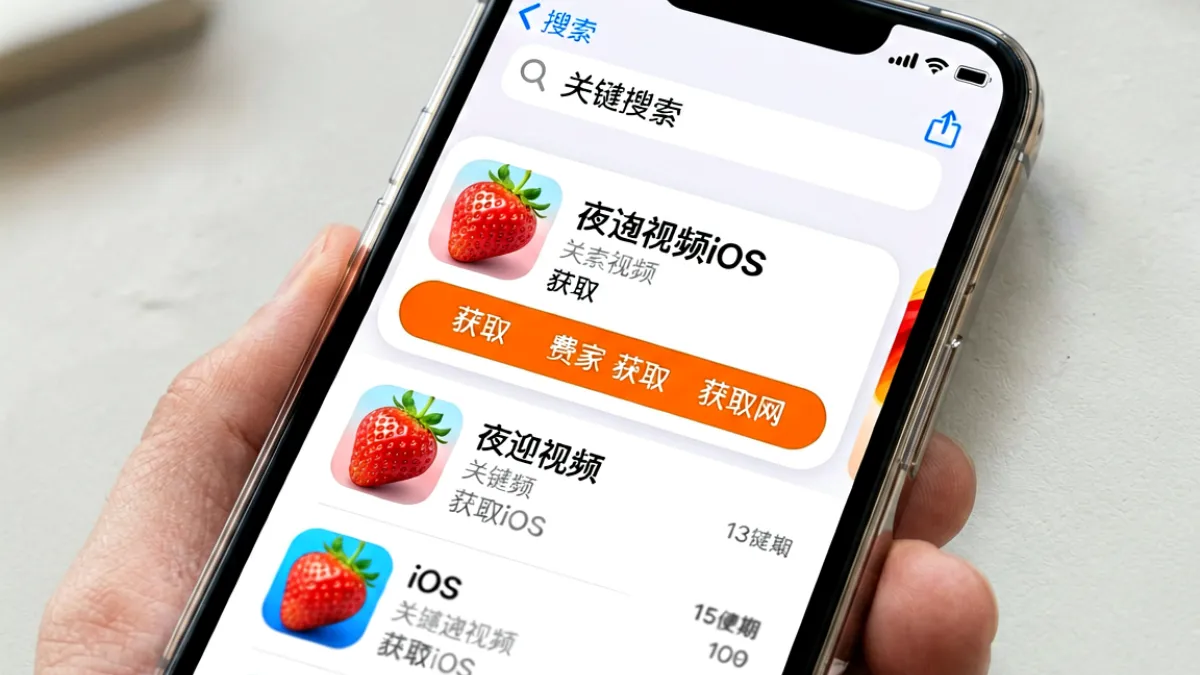 App Store应用商店中搜索草莓视频iOS的搜索结果页面，显示官方应用图标、名称和下载按钮，界面整洁清晰