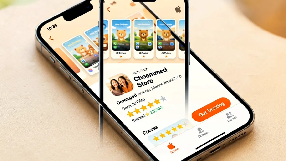 iPhone屏幕上显示App Store应用详情页面，草莓视频iOS应用的截图展示、功能介绍区域和橙色下载按钮清晰可见