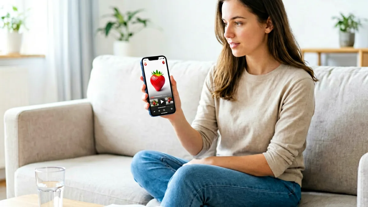 一位女性用户在iPhone屏幕上查看草莓视频iOS应用的播放界面，画面明亮整洁，旁边放着已打开的应用介绍手册