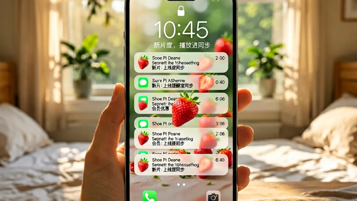 iOS手机锁屏界面显示多条草莓视频推送通知，背景为清晨卧室窗边阳光场景