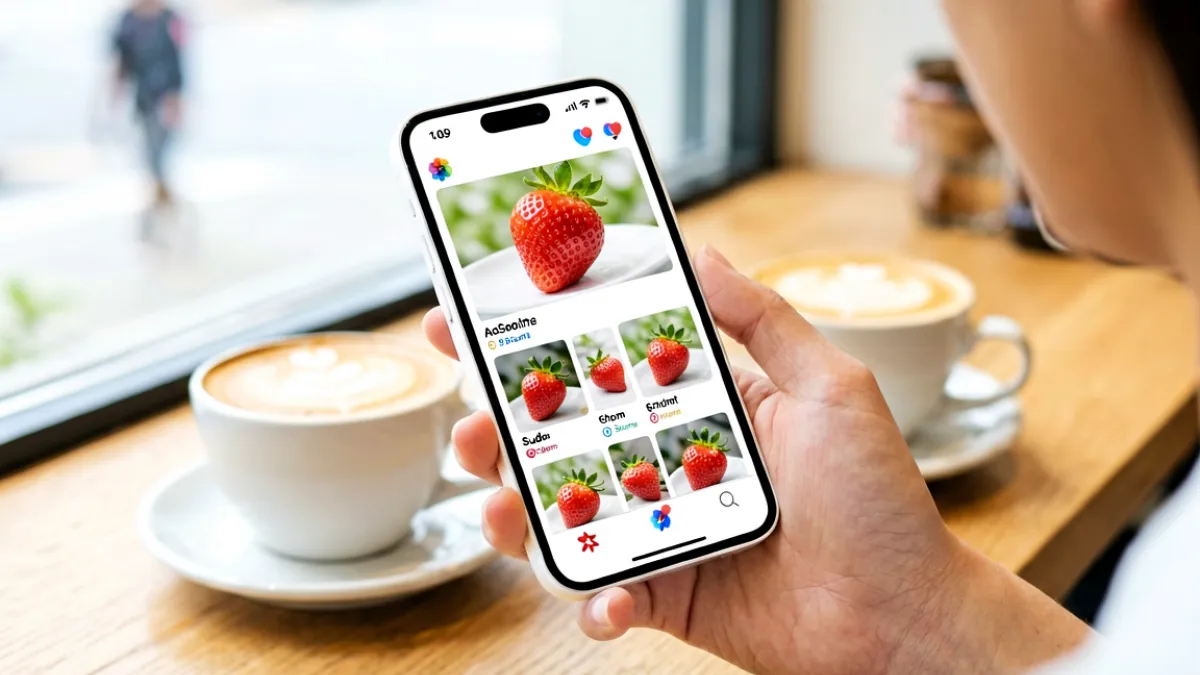 一只手握着 iPhone 在咖啡厅里打开草莓视频iOS的应用界面，屏幕显示着首页推荐的内容封面
