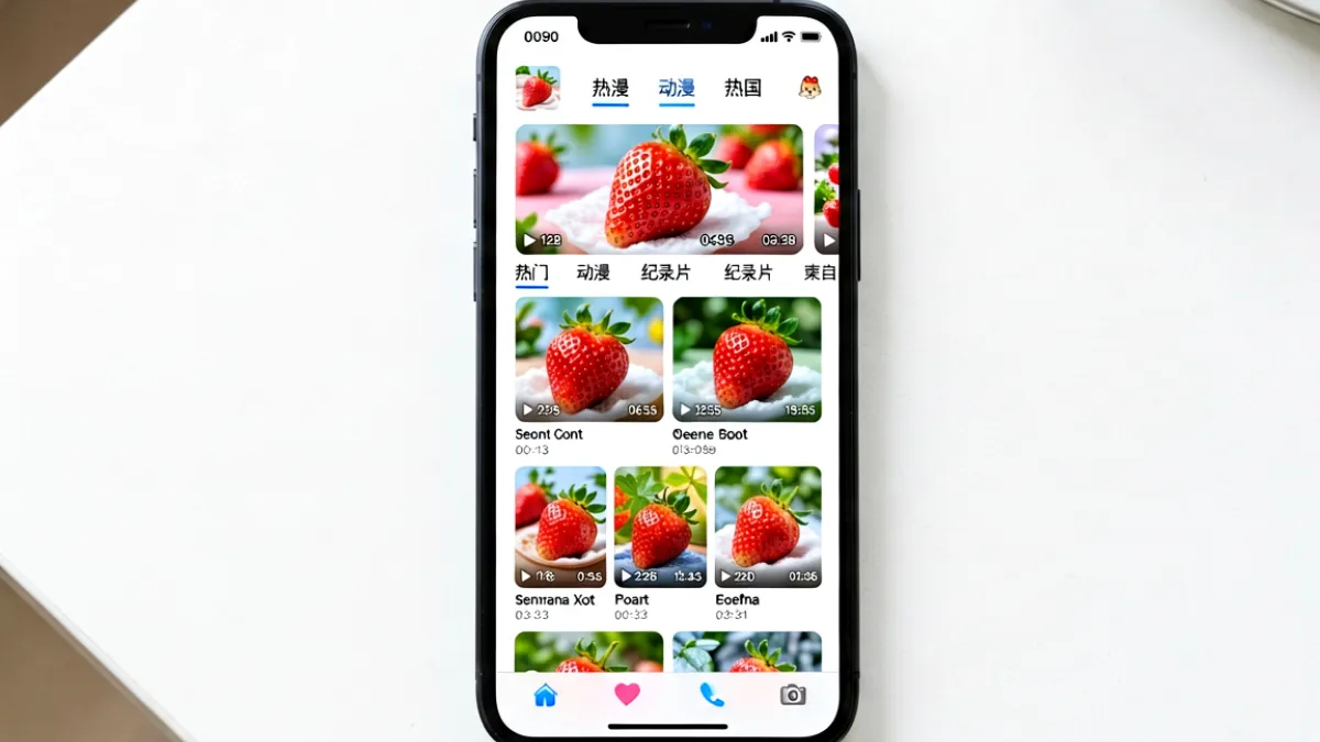 iPhone 屏幕展示草莓视频iOS主界面，顶部导航栏显示分类标签，下方是多行视频卡片瀑布流，封面色彩丰富且排列整齐